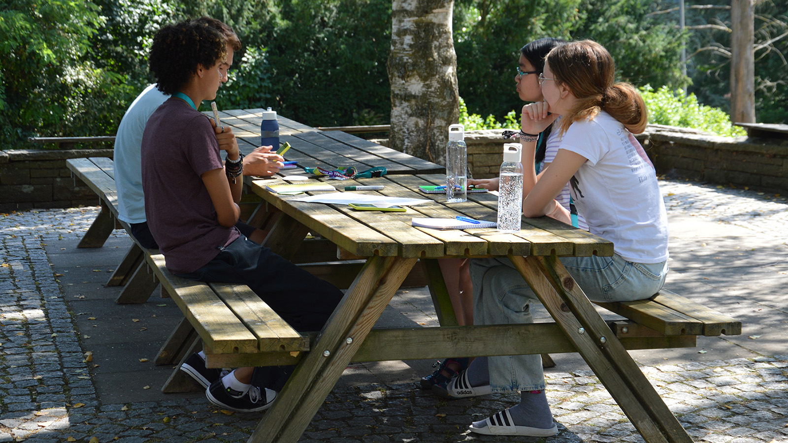 Vier junge Menschen sitzen draußen unter einem Baum um einen Tisch herum und unterhalten sich.