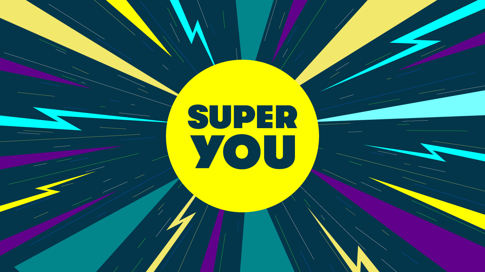 Zu sehen ist das gelb-blau-grüne Super You Logo, drumherum farbige Blitze.