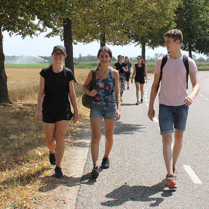 Eine Gruppe Jugendlicher wandert entlang einer Landstraße.